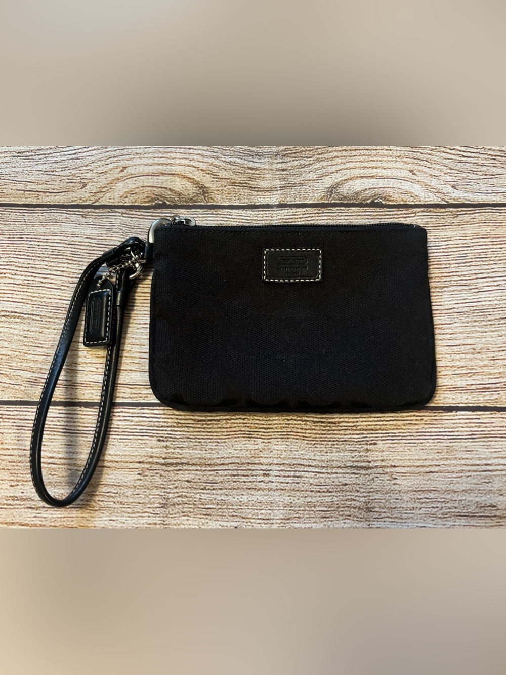 Coach black fabric CC wristlet/coin purse with silver hardware and Coach Hang ta